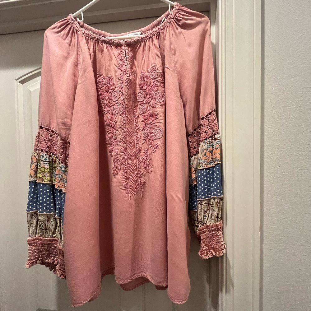 John Mark.  Boho Chic Pink Embroidered Top.